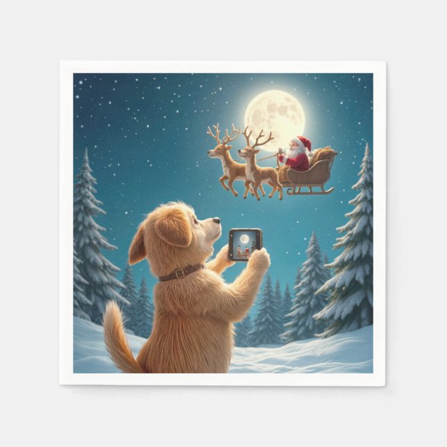 Dog Photographing Santa Claus In Sleigh Napkin (Front)