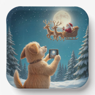 Dog Photographing Santa Claus In Sleigh Paper Plate