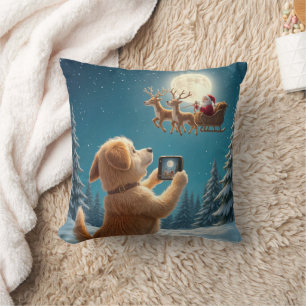 Dog Photographing Santa Claus In Sleigh Throw Pillow