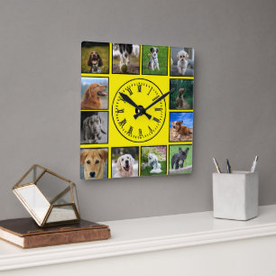 Dog Photos Collage on Yellow Background Square Wall Clock