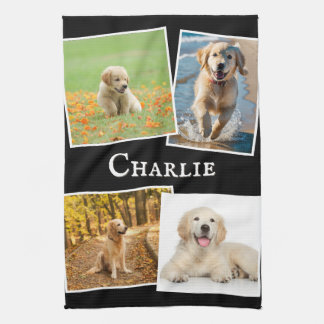 Dog Photos Pet Picture Collage Custom Name Black Kitchen Towel
