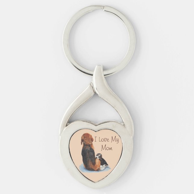 dog picture of cute puppy cuddling mom keychain (Front)
