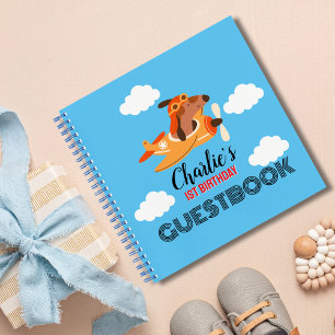 Dog Pilot & Airplane,Cute Blue Birthday Guestbook Notebook