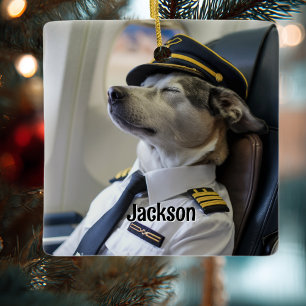 Dog Pilot & Airplane Funny Aviation Christmas Fun Ceramic Ornament