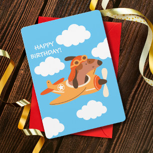 Dog Pilot Flying Airplane, Cute Fun Kids Birthday Holiday Card