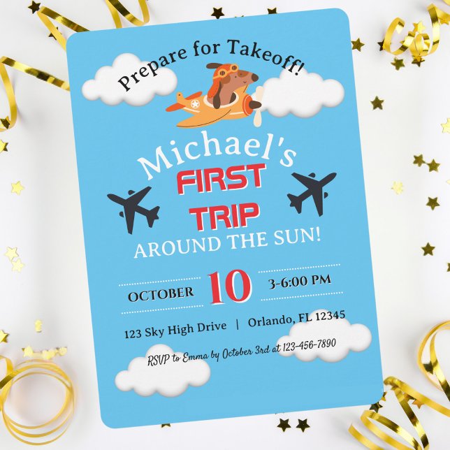 Dog Pilot Flying Airplane, Cute Fun Kids Birthday Invitation (Creator Uploaded)