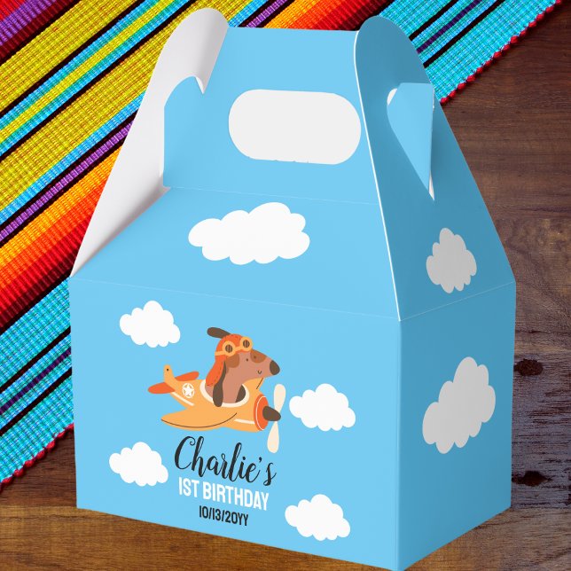 Dog Pilot Flying Airplane,Cute Kids Blue Birthday Favor Box (Creator Uploaded)
