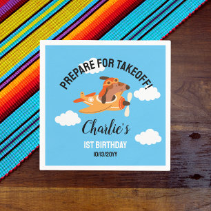 Dog Pilot Flying Airplane,Cute Kids Blue Birthday Napkin