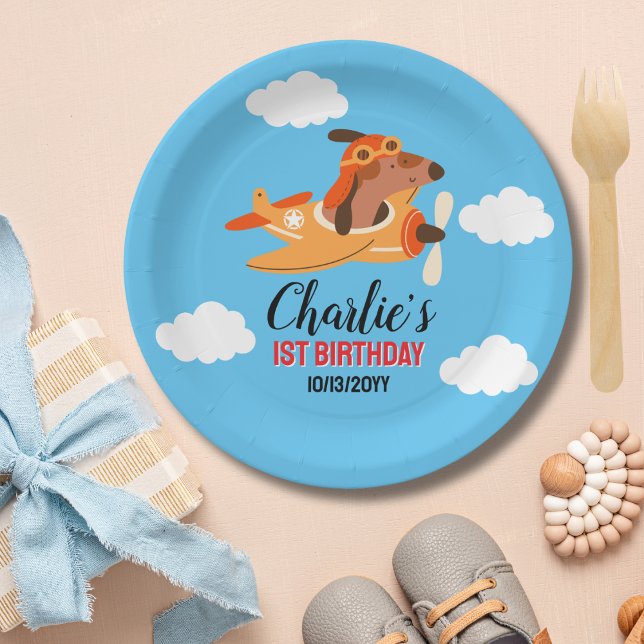 Dog Pilot Flying Airplane,Cute Kids Blue Birthday Paper Plate (Creator Uploaded)