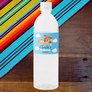 Dog Pilot Flying Airplane,Cute Kids Blue Birthday Water Bottle Label