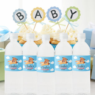 Dog Pilot Flying Airplane,Cute Kids Blue Birthday Water Bottle Label