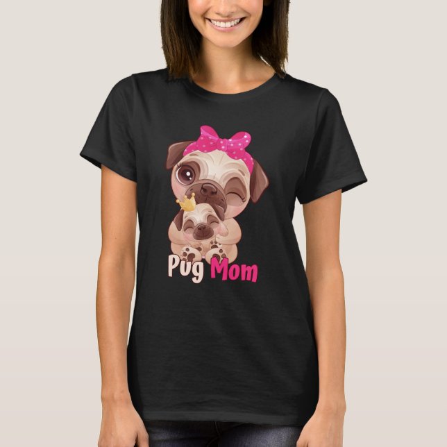 Dog  Pink Bow Cute Pug Mom T-Shirt (Front)