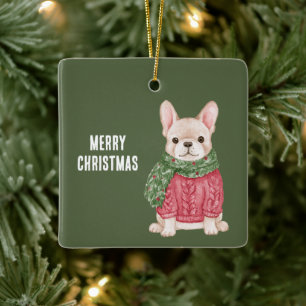 Dog Pink Sweater Green Scarf Christmas Ceramic Ornament