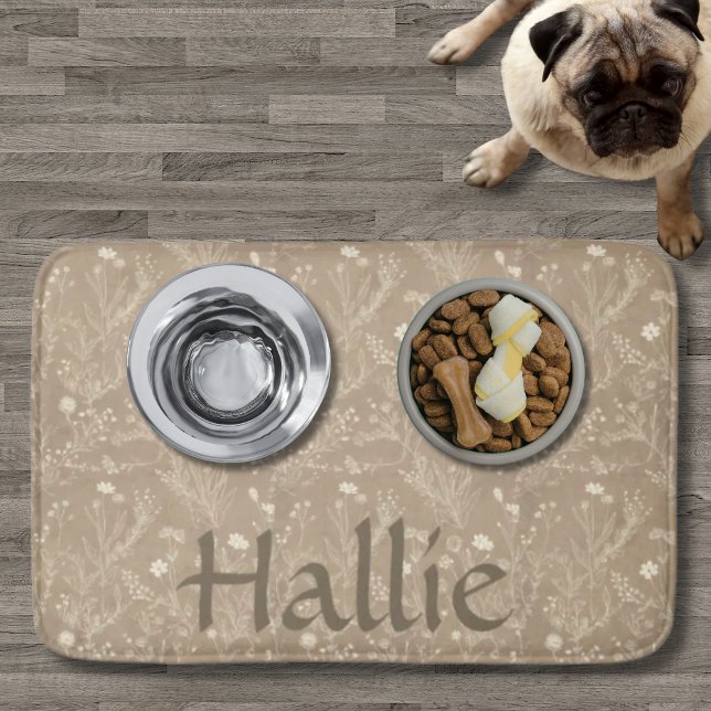 Dog Placemat - Brown Botanical, Personalized Bath Mat (Personalized Brown Botanical Pet Placemat Bath Mat)