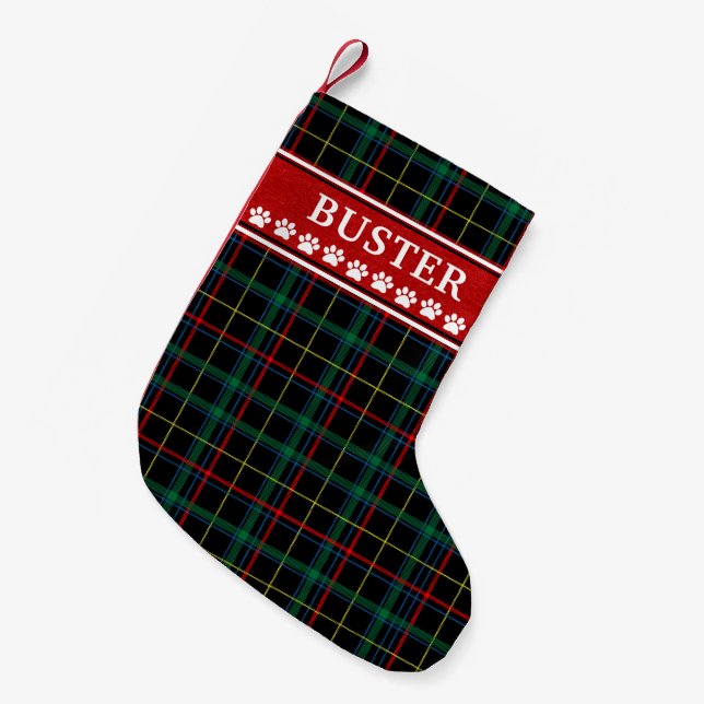 Dog Plaid White Paw Prints Personalized Small Christmas Stocking (Front (Hanging))