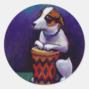 Dog playing bongo drum fun original drumming art classic round sticker