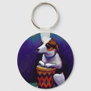 Dog playing bongo drum fun original drumming art keychain