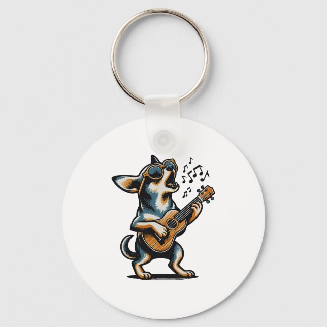Dog Playing Guitar Singing Chihuahua Funny Dog Mar Keychain (Front)