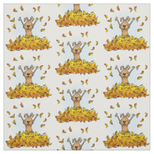 Dog Playing in a Pile of Fall Leaves - Cute Autumn Fabric