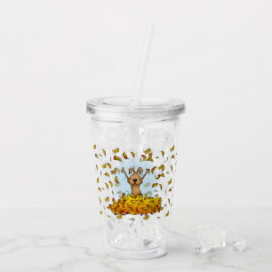 Dog Playing in a Pile of Fall Leaves - Fun Autumn Acrylic Tumbler