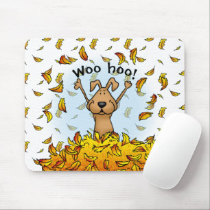 Dog Playing in a Pile of Fall Leaves - Fun Autumn Mouse Pad
