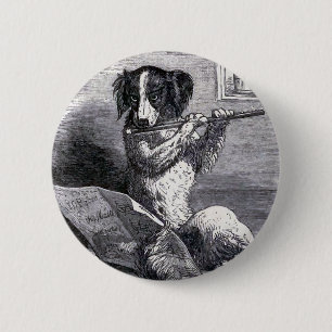 "Dog Playing the Flute" Vintage Illustration 2 Inch Round Button