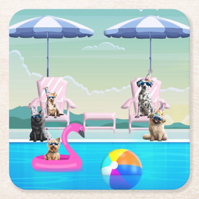 Dog Pool Pawty Square Paper Coaster (Front)