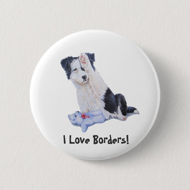 dog portrait painting of cute border collie puppy 2 inch round button (Front)