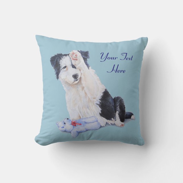 dog portrait painting of cute border collie puppy throw pillow (Front)