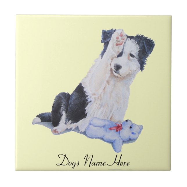 dog portrait painting of cute border collie puppy tile (Front)