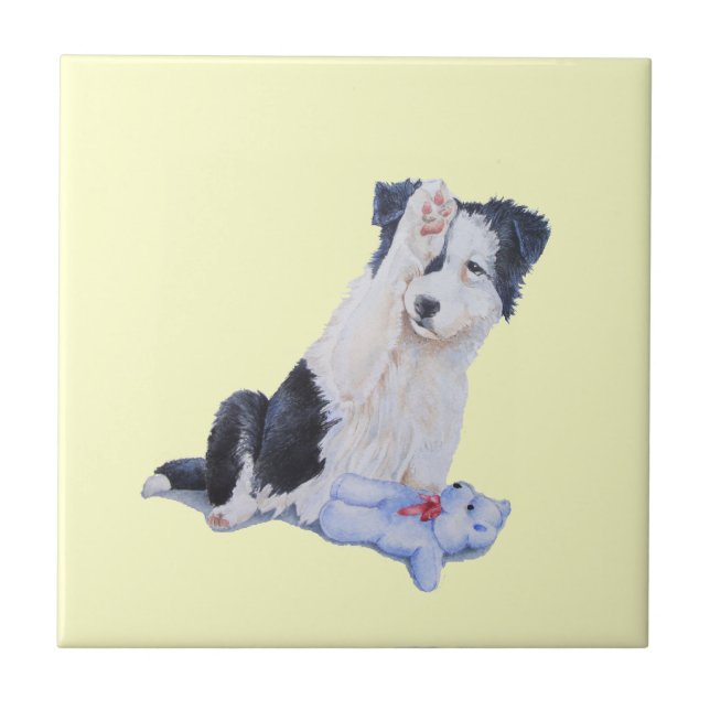 dog portrait painting of cute border collie puppy tile (Front)