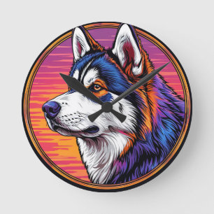 Dog Portrait with Mosaic-Inspired Background Round Clock