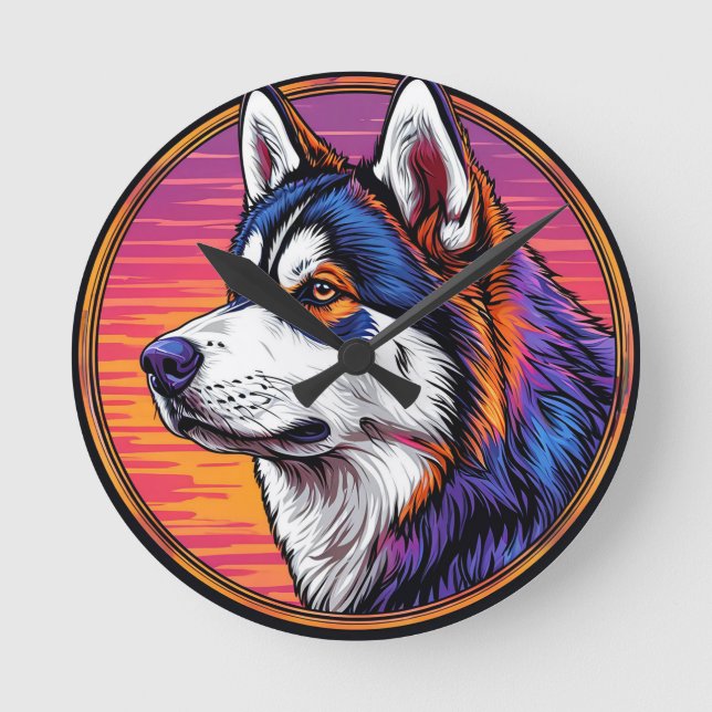 Dog Portrait with Mosaic-Inspired Background Round Clock (Front)