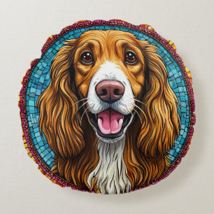 Dog Portrait with Mosaic-Inspired Background Round Pillow