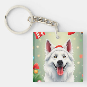 Dog Posing Among Festive Christmas Decorations Keychain