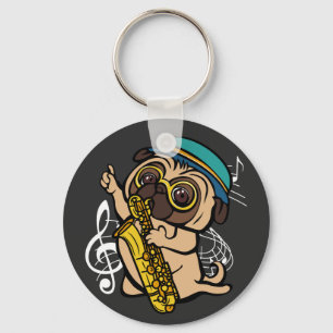 Dog Pug Playing Saxophone Musician Button Keychain