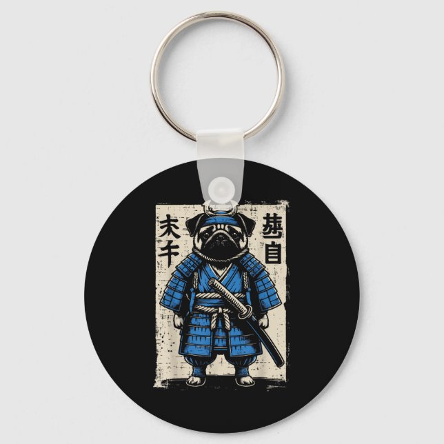 Dog Pug Samurai Funny Japanese Warrior Art Men Wom Keychain (Front)
