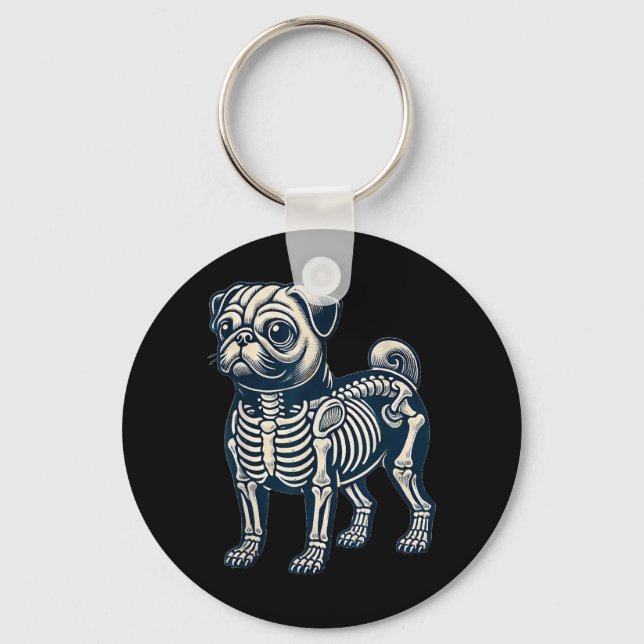 Dog Pug Skeleton Halloween Keychain (Front)