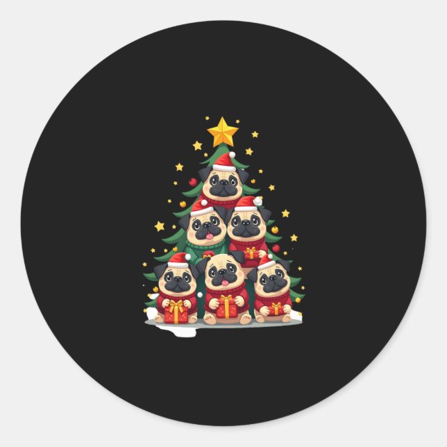 Dog Pugs Christmas Tree Cute Xmas (1) Classic Round Sticker (Front)