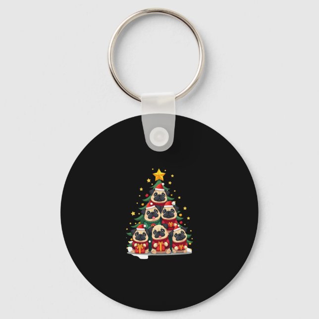 Dog Pugs Christmas Tree Cute Xmas (1) Keychain (Front)