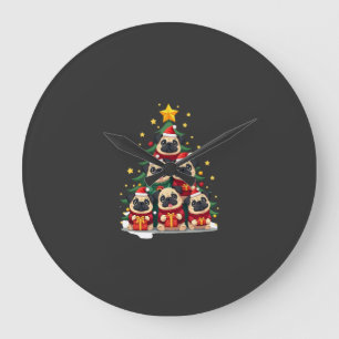 Dog Pugs Christmas Tree Cute Xmas (1) Large Clock