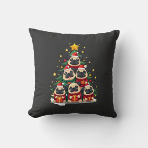 Dog Pugs Christmas Tree Cute Xmas (1) Throw Pillow