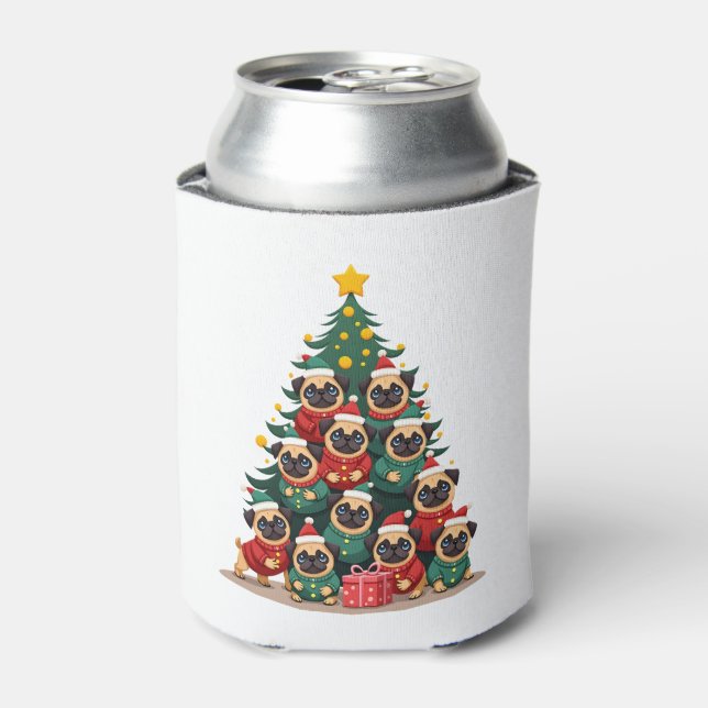Dog Pugs Christmas Tree Cute Xmas (2) Can Cooler (Can Front)