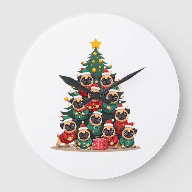 Dog Pugs Christmas Tree Cute Xmas (2) Large Clock (Front)