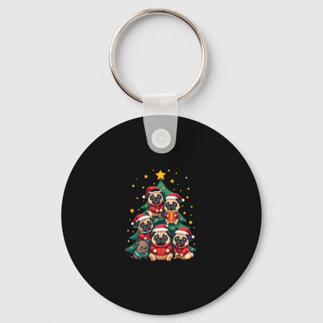 Dog Pugs Christmas Tree Cute Xmas (3) Keychain (Front)