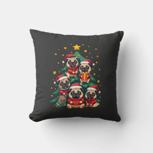 Dog Pugs Christmas Tree Cute Xmas (3) Throw Pillow