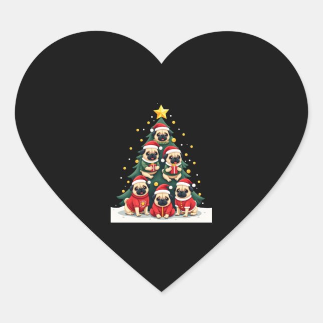Dog Pugs Christmas Tree Cute Xmas (4) Heart Sticker (Front)