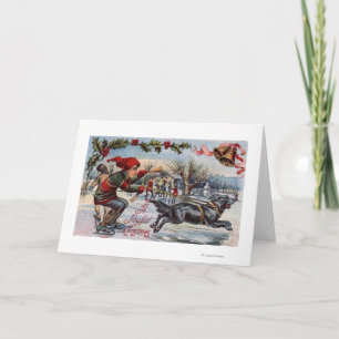 Dog Pulling Kid on Ice Skates Holiday Card