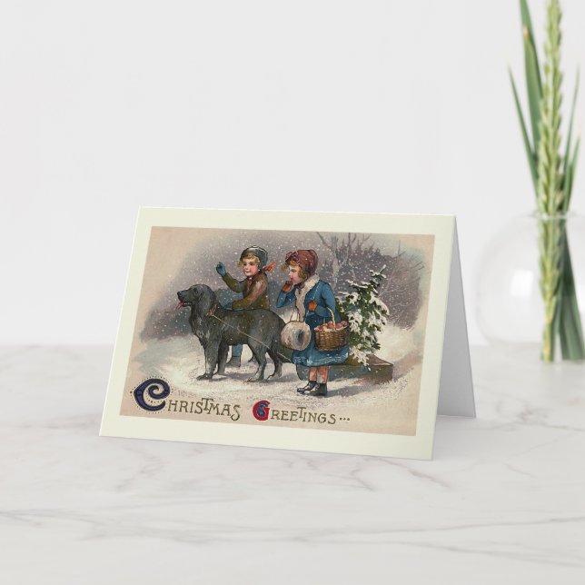 "Dog Pulling Sled" Christmas Greeting Card (Front)