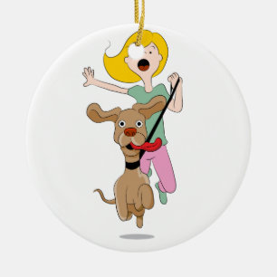 Dog Pulling Woman Cartoon Ceramic Ornament